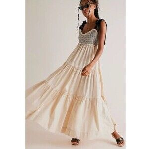 Free People L Bluebell Tie Shoulder Maxi Dress Smocked Vacation Sand Solid